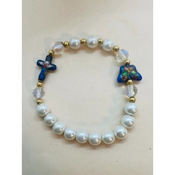 Jewelry - White Bead Elastic Stretch Bracelet with Cloisonne Cross/Butterfly